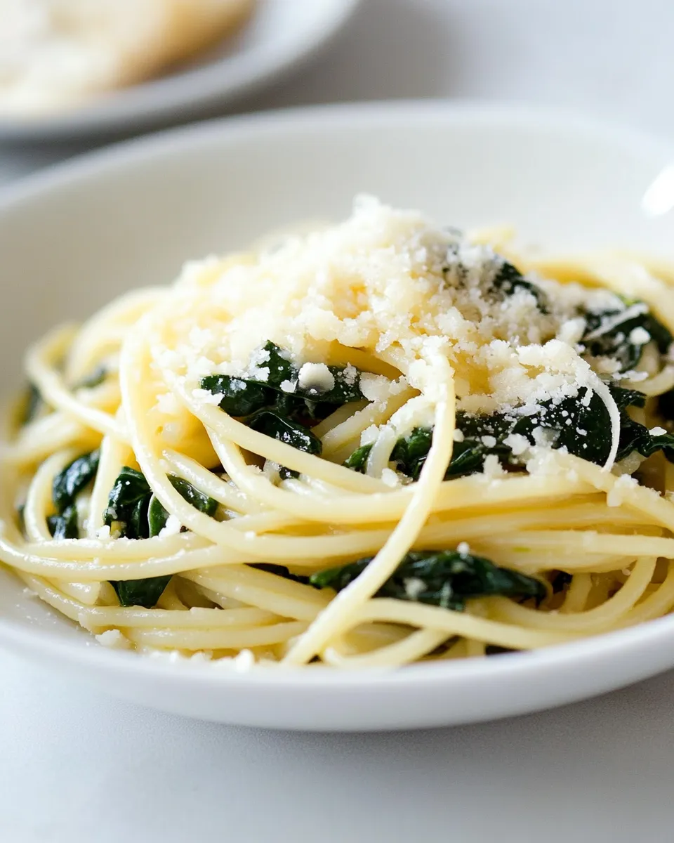 Savory Spinach and Garlic Spaghetti with Pecorino shot