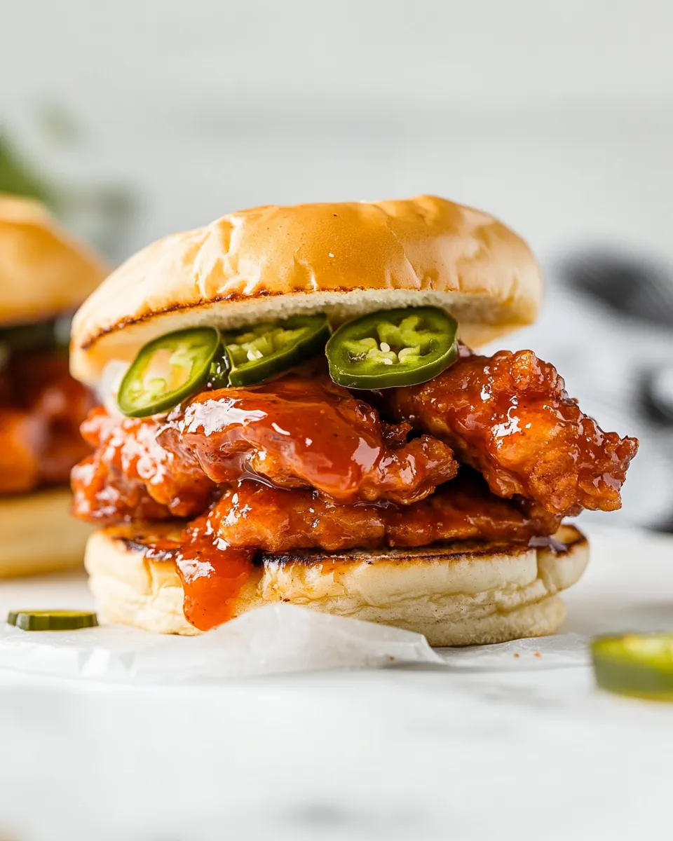 Delicious Sticky Sweet Chili Fried Chicken Sandwiches shot
