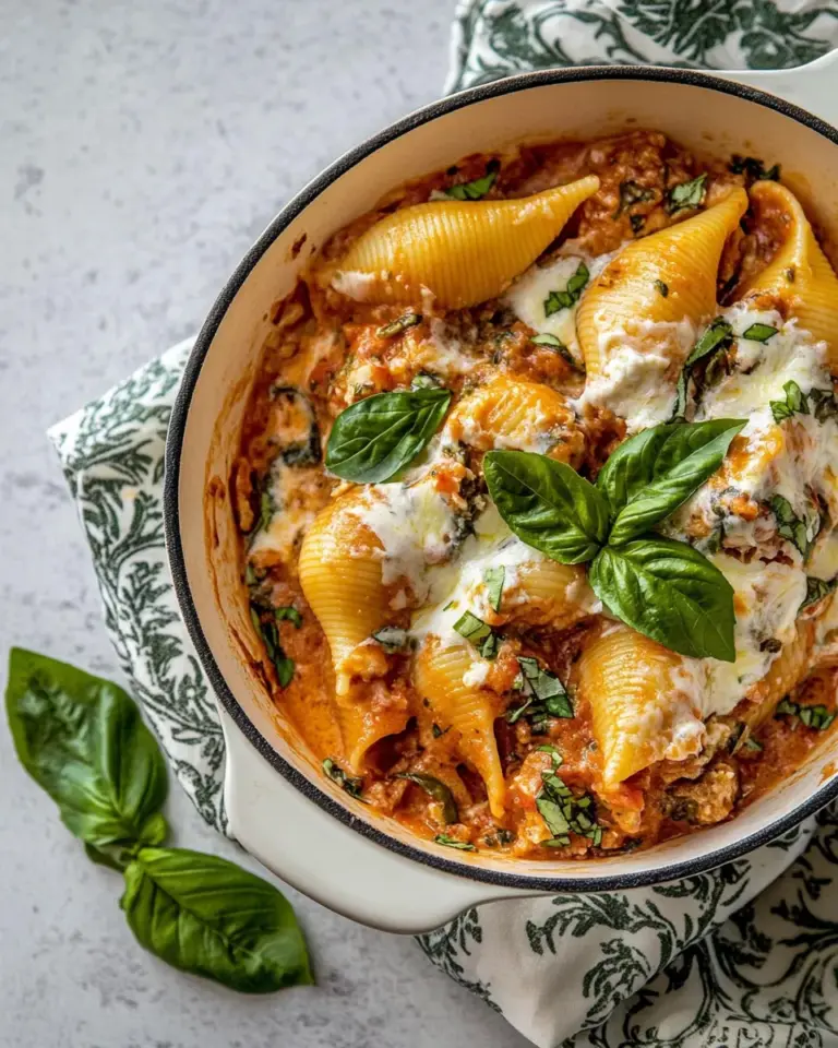 Homemade Stuffed Creamy Tomato Basil Pasta Shells. photo