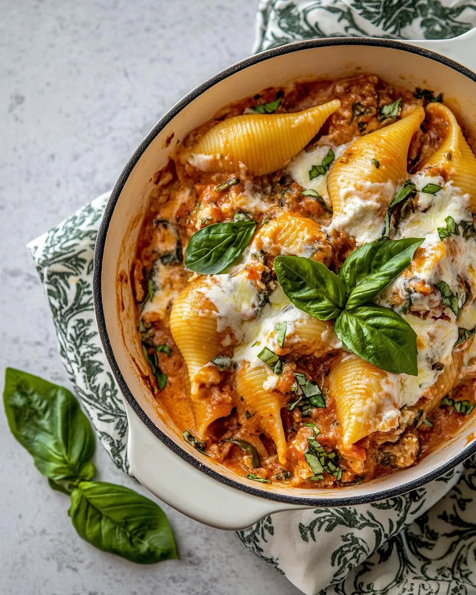 Homemade Stuffed Creamy Tomato Basil Pasta Shells. photo