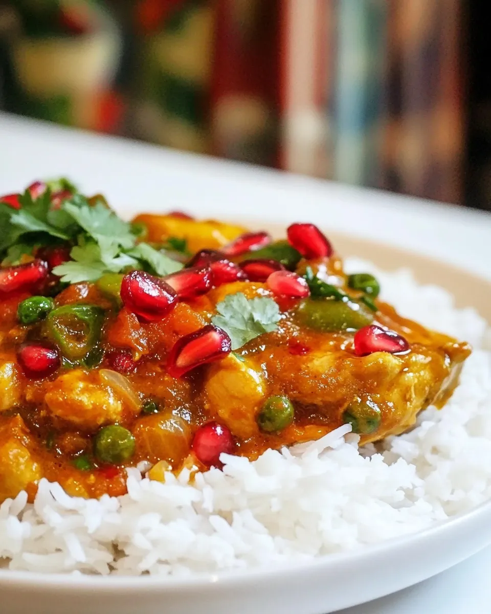 Delicious Thai-Style Curry Pomegranate Chicken. shot