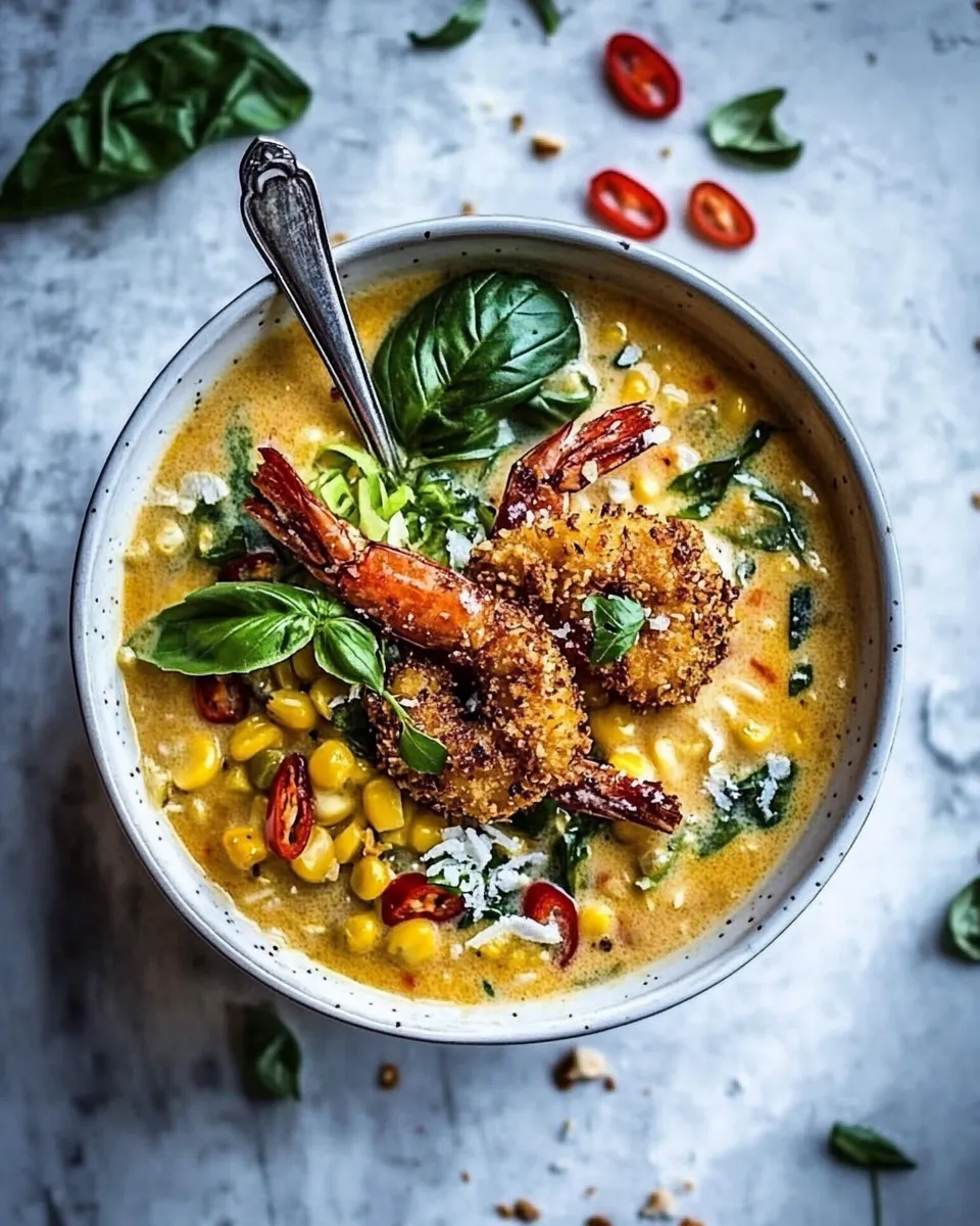 Homemade Thai Chile Corn Chowder with Coconut Fried Shrimp. recipe photo