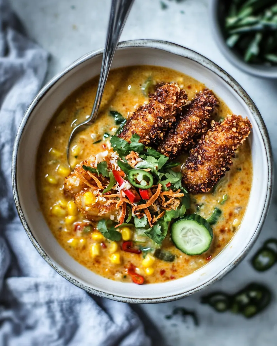 Classic Thai Chile Corn Chowder with Coconut Fried Shrimp. dish photo