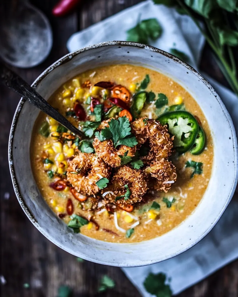 Easy Thai Chile Corn Chowder with Coconut Fried Shrimp. food shot