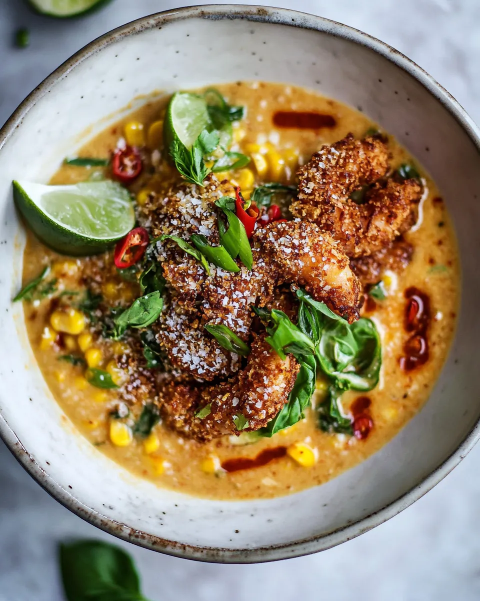 Delicious Thai Chile Corn Chowder with Coconut Fried Shrimp. plate image