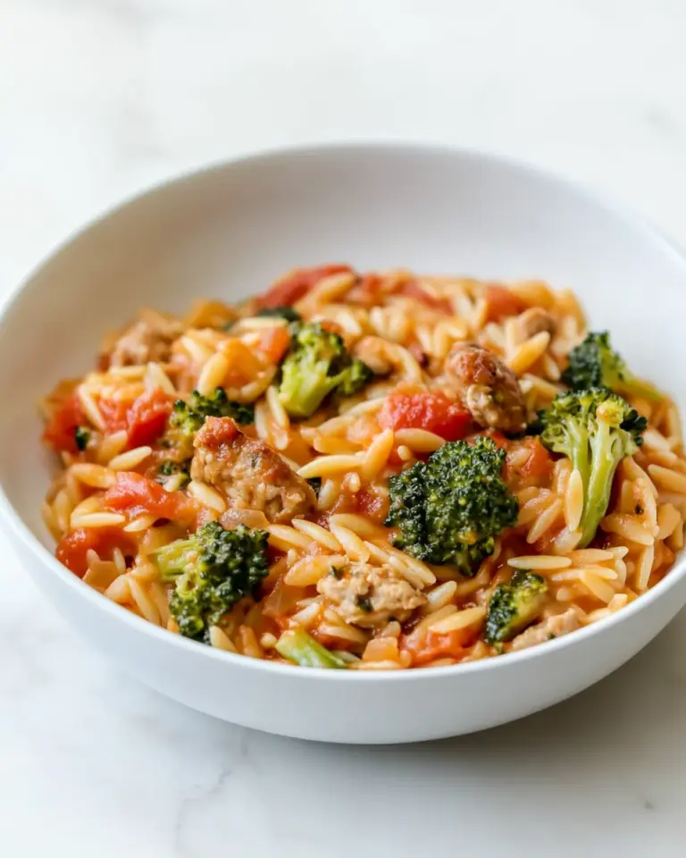 Homemade Tomato Orzo with Chicken Sausage and Broccoli photo