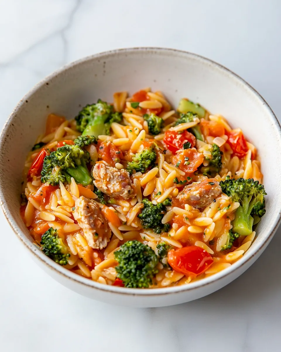 Delicious Tomato Orzo with Chicken Sausage and Broccoli shot
