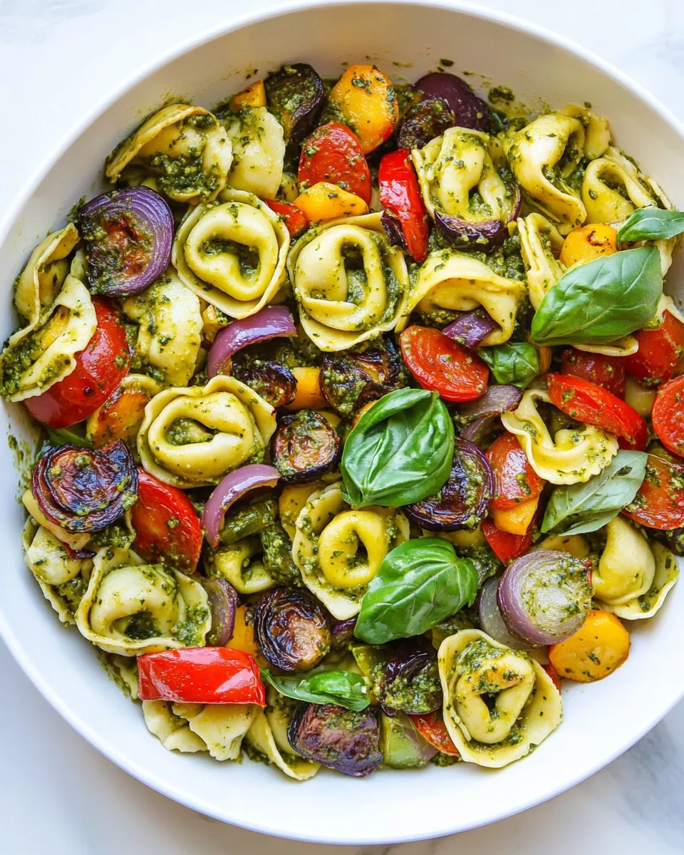 Delicious Tortellini with Pesto and Roasted Veggies shot