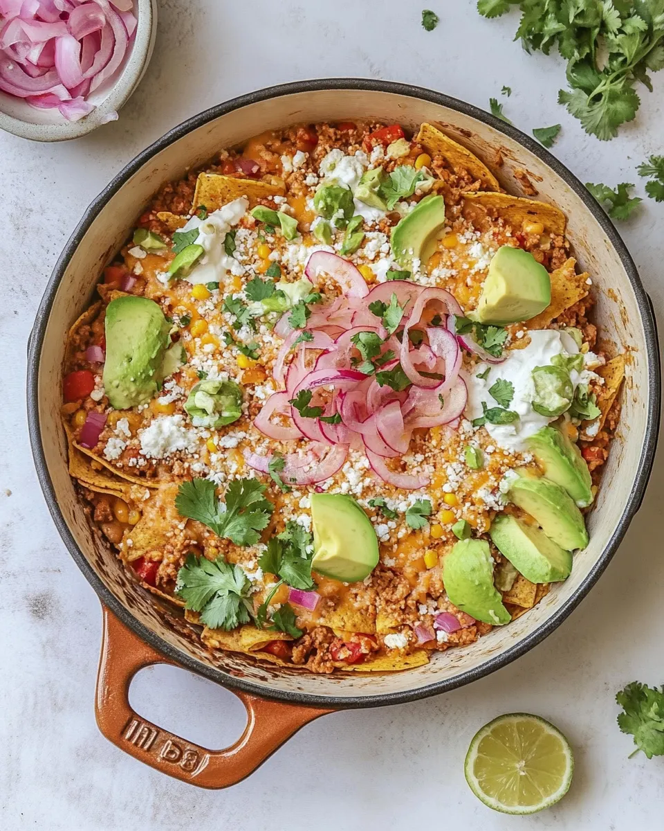 Easy Turkey Taco Nacho Skillet. food shot