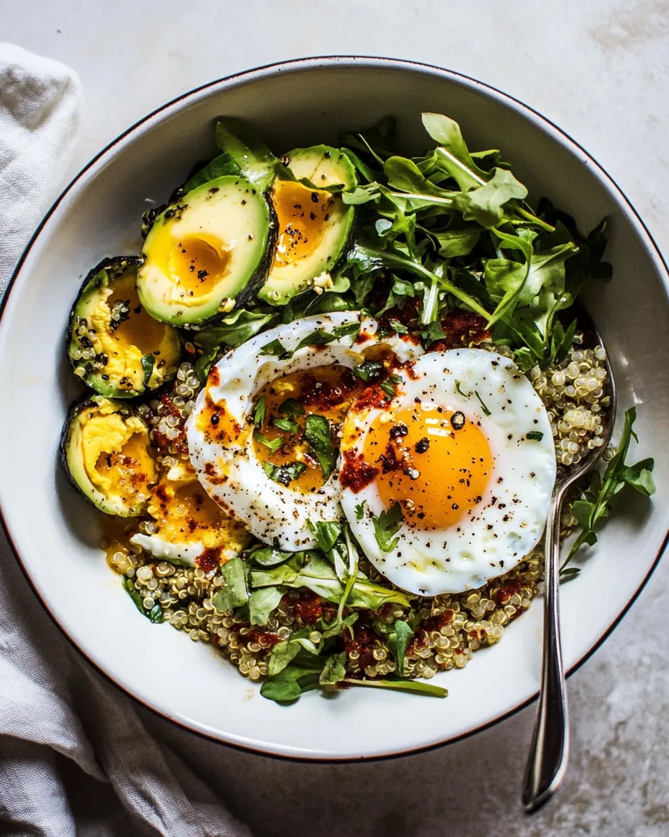 Classic Turkish Egg and Quinoa Breakfast Bowl. food shot