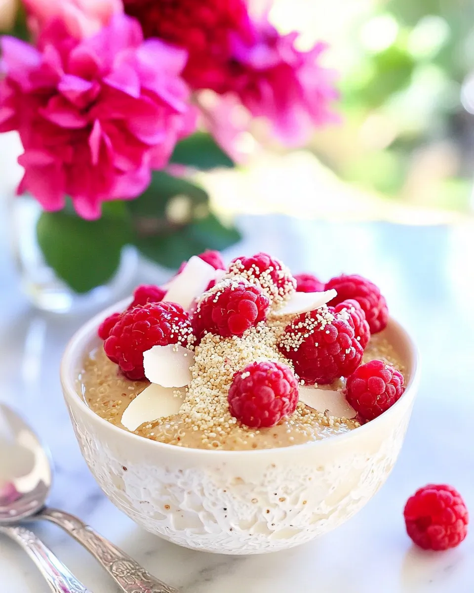 Classic Vanilla Bean Coconut Quinoa Pudding with Honey Drizzled Raspberries. dish photo