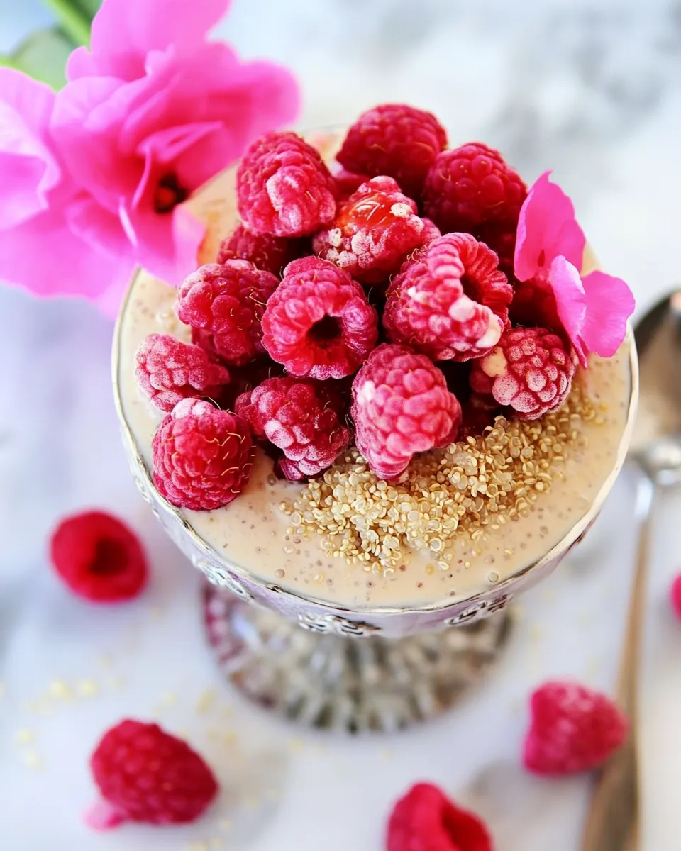 Easy Vanilla Bean Coconut Quinoa Pudding with Honey Drizzled Raspberries. food shot