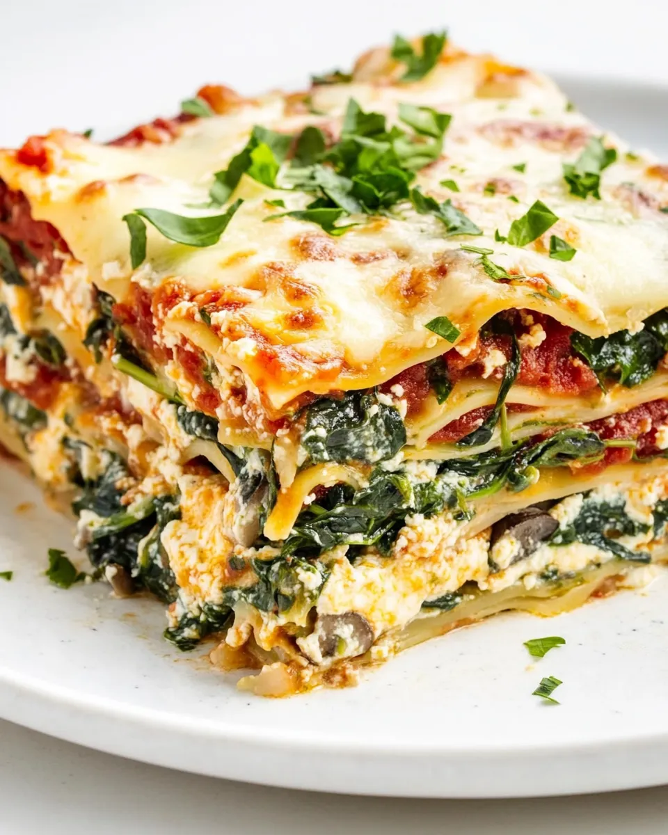 Delicious Vegetarian Spinach Mushroom Lasagna shot