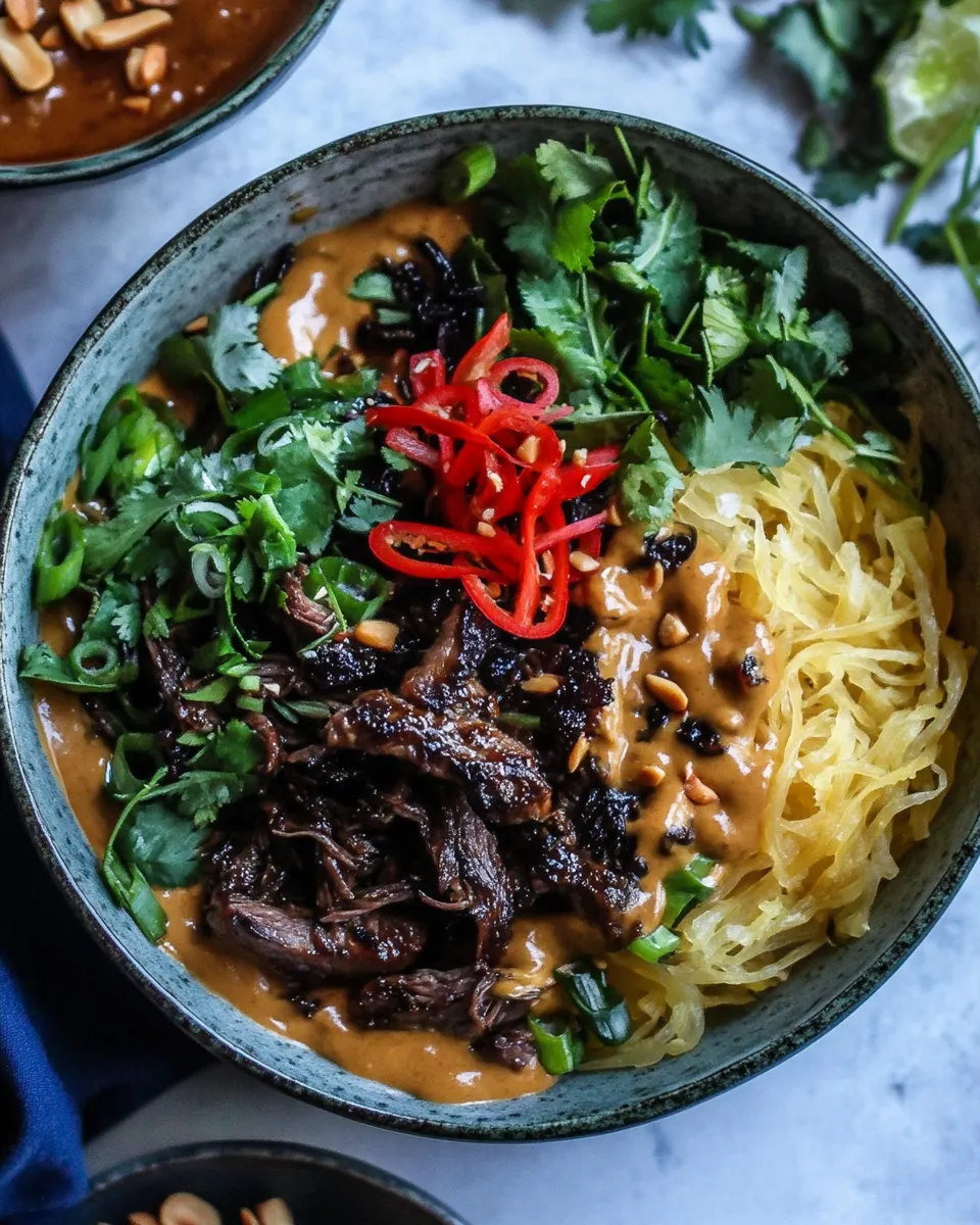 Sweet Vietnamese Lemongrass Beef and Spaghetti Squash Noodle Bowls with Peanut Sauce. image