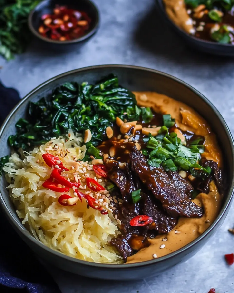 Amazing Vietnamese Lemongrass Beef and Spaghetti Squash Noodle Bowls with Peanut Sauce. image