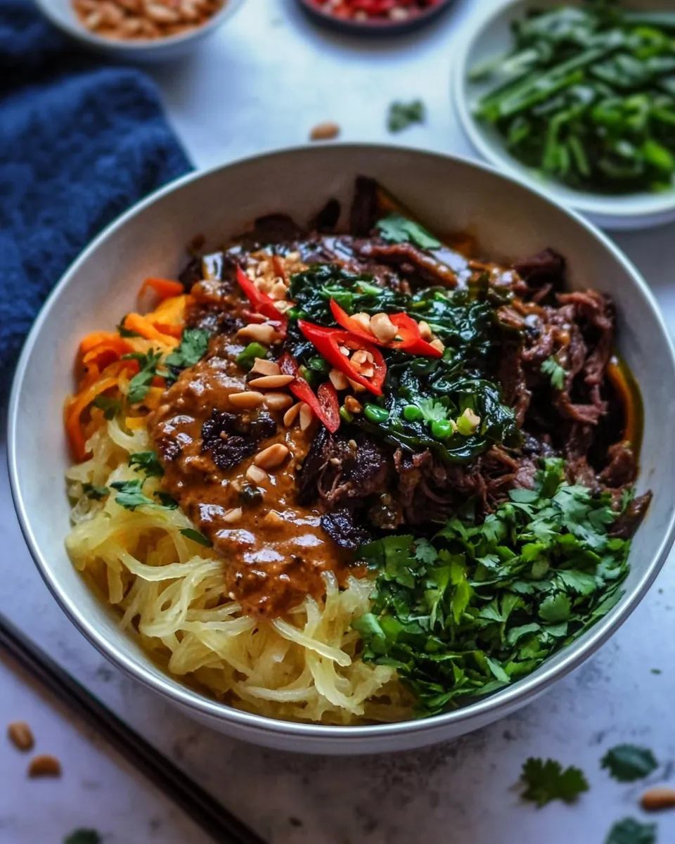 Ultimate Vietnamese Lemongrass Beef and Spaghetti Squash Noodle Bowls with Peanut Sauce. picture
