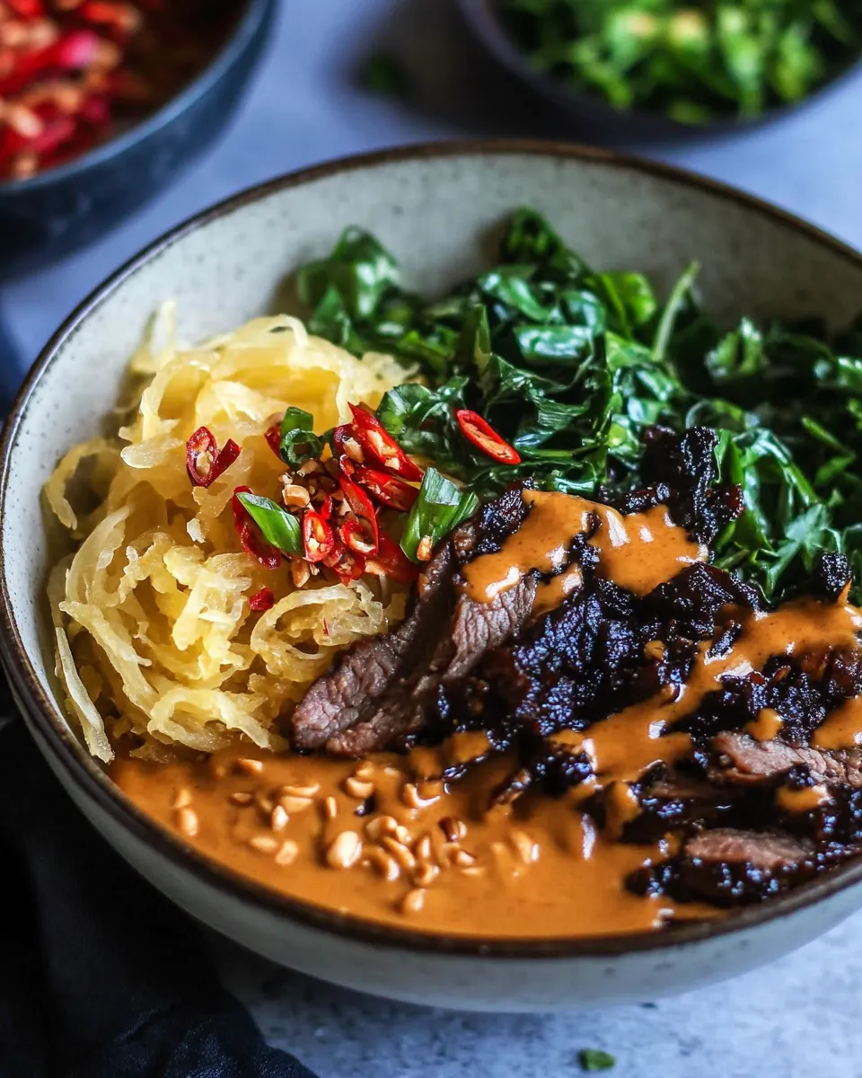 Classic Vietnamese Lemongrass Beef and Spaghetti Squash Noodle Bowls with Peanut Sauce. recipe photo