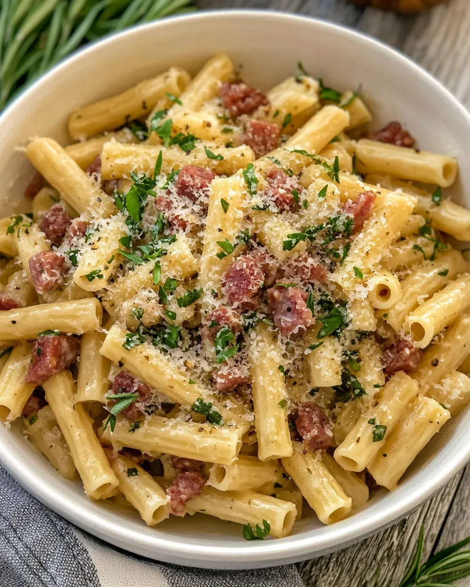 Homemade Ziti Carbonara with Salami photo