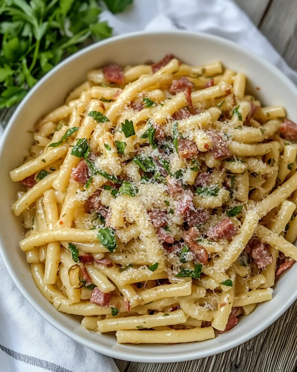 Delicious Ziti Carbonara with Salami shot
